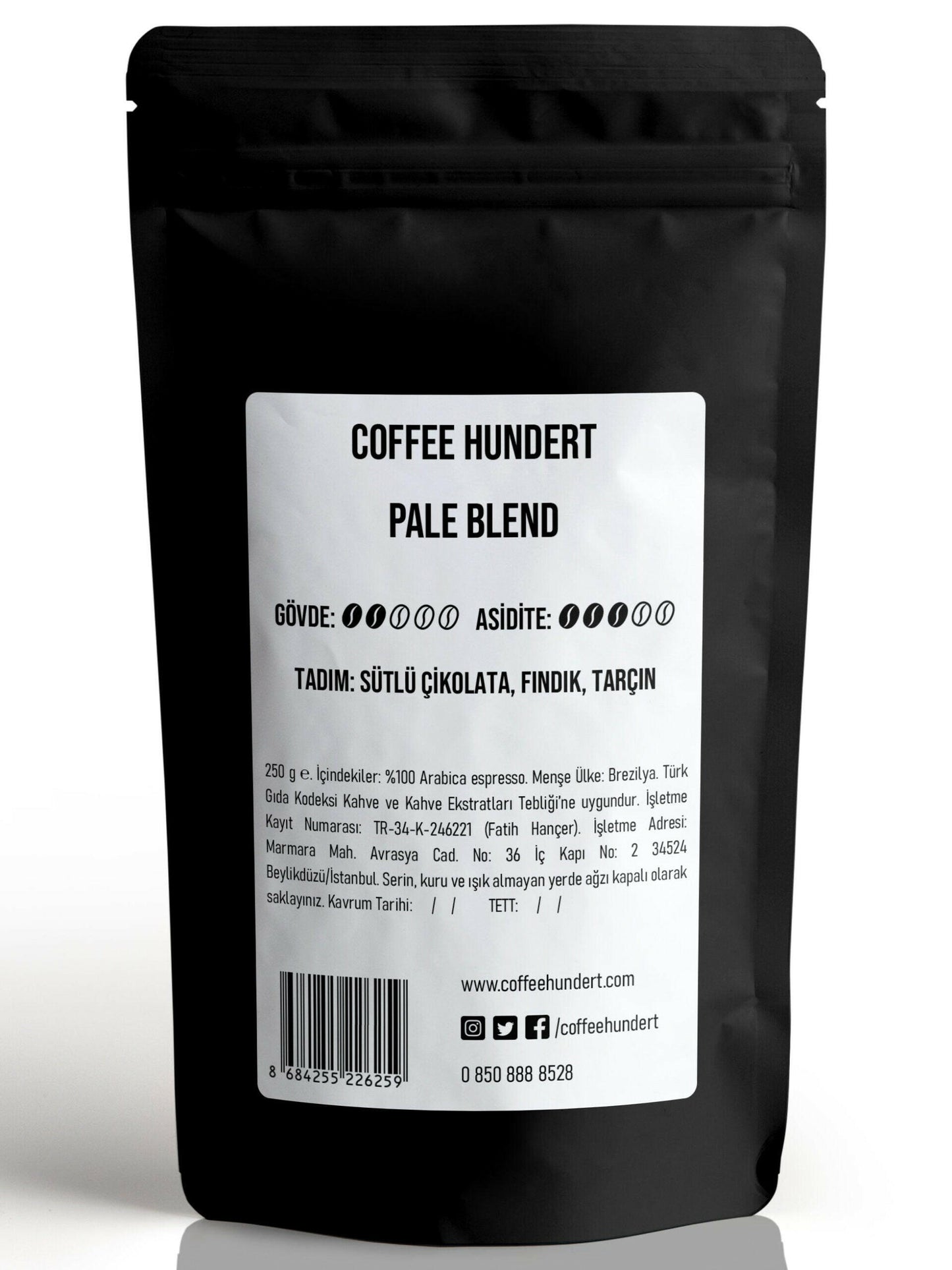 Coffee Hundert Pale Blend (Yumuşak İçimli) Espresso 250 Gram.